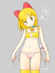  1girl ? alternate_costume arms_at_sides artist_name ass_visible_through_thighs bangs bell bell_choker blonde_hair blush_stickers bow brown_eyes cat_cutout cat_day cat_ear_panties cat_lingerie choker cleavage_cutout closed_mouth cowboy_shot dated doraemon dorami eyebrows eyebrows_visible_through_hair flower grey_background hair_bow head_tilt highres holding jingle_bell kokudou_juunigou legs_apart motion_lines navel panties paw_print personification plaid plaid_panties red_bow side-tie_panties signature simple_background small_breasts smile solo stomach tail thigh-highs thought_bubble underwear underwear_only yellow_legwear 