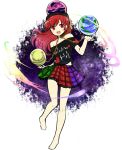  1girl bangs bare_shoulders barefoot black_shirt chain clothes_writing collar globe hecatia_lapislazuli kosumo long_hair multicolored_skirt off-shoulder_shirt open_mouth red_eyes redhead shirt simple_background sketch skirt solo sphere teeth touhou white_background 