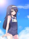  bangs black_hair blue_sky brown_hair commentary_request girls_und_panzer hairband long_hair reizei_mako sako_(bosscoffee) school_swimsuit sky swimsuit translation_request wet 