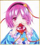  1girl graphite_(medium) hairband heart kittona komeiji_satori long_sleeves looking_at_viewer millipen_(medium) one_eye_closed pink_eyes pink_hair shirt solo third_eye touhou traditional_media upper_body watercolor_pencil_(medium) wide_sleeves 