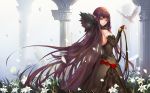  1girl assassin_of_red bare_shoulders bird black_hair breasts dove dress fate/apocrypha fate/stay_night fate_(series) flower highres long_hair pointy_ears solo yuki_(clydtc) 