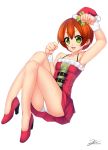  1girl bare_shoulders christmas dress green_eyes handsofmidaz high_heels highres hoshizora_rin legs long_legs love_live!_school_idol_festival no_socks orange_hair panties pantyshot pantyshot_(sitting) short_hair sitting smile solo thighs underwear upskirt white_panties 