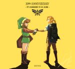  2boys anniversary artist_name blonde_hair boots dated earrings english from_behind highres holding_weapon jewelry knee_boots link male multiple_boys pointy_ears shield signature simple_background sword the_legend_of_zelda tunic weapon yellow_background zelda_wii_u 