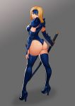  1girl ass blonde_hair blue_eyes blue_legwear boongari breasts grey_background high_heels katana long_hair looking_at_viewer looking_back shoulder_spikes solo spikes sword thigh-highs thighs weapon 