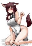  1girl alternate_costume animal_ears barefoot blush breasts brown_hair china_dress chinese_clothes dress hand_up heiseikorotaisei hips imaizumi_kagerou impossible_clothes impossible_dress kneeling legs long_hair looking_at_viewer navel open_mouth paw_pose pelvic_curtain red_eyes shiny shiny_hair simple_background sleeveless sleeveless_dress solo stomach tail thighs touhou wavy_mouth white_background white_dress wolf_ears wolf_tail 