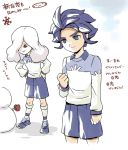  2boys aqua_eyes blue_hair hair_over_one_eye hakuren hands_on_hips inazuma_eleven_(series) inazuma_eleven_go kitaki_tsuneo long_hair male_focus mizuhara_aki multiple_boys no_pupils overexposure snowflakes snowman soccer_uniform sportswear standing translation_request yukimura_hyouga 