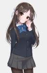  1girl adjusting_hair blush bow brown_eyes brown_hair hair_bow idolmaster idolmaster_cinderella_girls long_hair older pantyhose school_uniform sinsihukunokonaka smile solo tachibana_arisu 