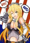  1girl blonde_hair breasts english gloves hand_on_hip highres iowa_(kantai_collection) kantai_collection large_breasts long_hair one_eye_closed smile solo speech_bubble star star-shaped_pupils symbol-shaped_pupils 