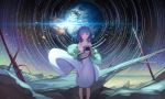  1girl abstract bare_shoulders blue_hair blurry broken camera depth_of_field dress dress_lift earth floating_hair highres holding jacket looking_at_viewer mt_(ringofive) original planet sky sleeveless solo star_(sky) starry_sky violet_eyes white_dress wind 