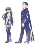  1boy 1girl black_hair boots cdov34 dress formal grin kyogre looking_at_viewer looking_back necktie personification pokemon primal_kyogre short_dress smile suit thigh-highs thigh_boots veil yellow_eyes 