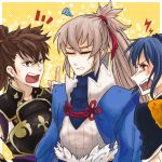  1girl 2boys angry armor blue_hair brown_eyes brown_hair closed_eyes fire_emblem fire_emblem_if grey_hair hinata_(fire_emblem_if) long_hair multiple_boys oboro_(fire_emblem_if) open_mouth ponytail red_eyes takumi_(fire_emblem_if) 