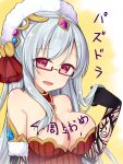  1girl amemiya_ruki bare_shoulders body_writing breasts cleavage elbow_gloves glasses gloves hair_ornament heart heart-shaped_pupils highres large_breasts long_hair puzzle_&amp;_dragons red_eyes silver_hair symbol-shaped_pupils upper_body urd_(p&amp;d) 