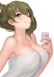  1girl absurdres alcohol ameyame bare_shoulders blush breasts cleavage face green_eyes green_hair highres holding idolmaster idolmaster_cinderella_girls large_breasts looking_at_viewer mole mole_under_eye one_eye_closed sake simple_background smile solo takagaki_kaede towel wet white_background 