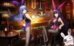  2girls alternate_costume animal_ears ass back bangs bar black_legwear black_shoes blue_eyes blue_hair blunt_bangs blurry breasts brick bunny_girl bunny_tail bunnysuit bush cherry cleavage closed_mouth crossed_legs cup date_a_live depth_of_field detached_sleeves door drinking_glass eyepatch fake_animal_ears flag floating_hair food fork fruit hair_ornament hairband high_heels indoors izayoi_miku knife lamp large_breasts leotard liangxing long_hair looking_at_viewer looking_back multiple_girls note orange_juice pantyhose paper purple_hair rabbit_ears reflection shoes sitting sleeveless slice_of_cake smile stall standing standing_on_one_leg stuffed_animal stuffed_bunny stuffed_toy table tail tray vest violet_eyes waitress window wine_bottle wine_glass yatogami_tooka 