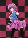  1girl ahoge black_legwear breasts checkered checkered_background frilled_sleeves frills highres koissa komeiji_satori large_breasts long_sleeves pink_skirt purple_hair short_hair skirt smile solo thigh-highs third_eye touhou violet_eyes wide_sleeves 