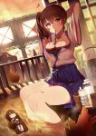  2girls akagi_(kantai_collection) arms_behind_head autumn_leaves blush breasts brown_eyes brown_hair chibi cleavage fang_xue_jun feet_in_water floating heart heart-shaped_pupils highres japanese_clothes kaga_(kantai_collection) kantai_collection looking_at_viewer milk mouth_hold multiple_girls muneate pout railing side_ponytail sitting skirt_rolled_up soaking_feet solo_focus sunset symbol-shaped_pupils violet_eyes water 