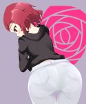  1girl ass blush brown_eyes from_behind girls_und_panzer hataage_konoe highres pants pantylines redhead ribbed_sweater rosehip short_hair solo sweater turtleneck 
