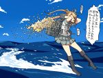  1girl abukuma_(kantai_collection) arms_behind_head bangs blonde_hair blue_sky blush boots buttons cannon closed_eyes clouds commentary_request double_bun hair_between_eyes hair_rings kantai_collection knee_boots kozou_(rifa) long_hair machinery ocean open_mouth pleated_skirt popcorn school_uniform serafuku short_sleeves skirt sky solo translation_request turret twintails water 