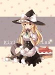  1girl absurdres apron artist_name blonde_hair bow cake character_name cup dated doughnut food fruit hat highres kekkai kirisame_marisa long_hair plate seiza sitting solo star strawberry teacup touhou witch_hat wristband yellow_eyes 