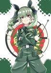 1girl anchovy cowboy_shot crossed_arms drill_hair food girls_und_panzer grey_hair highres necktie onuma_kuma pizza redhead riding_crop smile solo twin_drills twintails uniform 