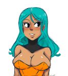  1girl alternate_hair_length alternate_hairstyle aqua_hair bangs black_eyes breasts cerebella_(skullgirls) cleavage dark_skin detached_collar hair_between_eyes hair_down large_breasts long_hair looking_to_the_side no_hat parted_bangs portrait ryuzaki-waterlily skullgirls solo strapless 