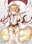  1girl ahoge anchira_(granblue_fantasy) bare_shoulders blonde_hair breasts cleavage_cutout clouds detached_pants detached_sleeves earrings granblue_fantasy hair_ornament hairband jewelry looking_at_viewer monkey_ears monkey_tail one_eye_closed red_eyes riffey short_hair sideboob small_breasts solo tail tears wiping_tears wristband 