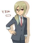  1boy afuro_terumi blonde_hair blue_hair character_name formal hand_on_hip inazuma_eleven_(series) inazuma_eleven_go long_hair looking_at_viewer male_focus mizuhara_aki multicolored_hair necktie older ponytail red_eyes solo suit two-tone_hair white_background 