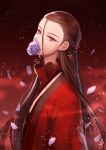  androgynous blue_eyes brown_hair flower_in_mouth lapistool long_hair mouth_hold original petals red red_background signature solo upper_body 