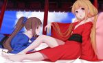  2girls :o alternate_costume bangs bare_shoulders barefoot blonde_hair blue_bow blue_sky blunt_bangs blush bow breasts brown_hair clouds from_side futaba_anzu hair_bow hair_tie idolmaster idolmaster_cinderella_girls japanese_clothes kimono large_breasts long_hair long_sleeves looking_at_viewer low_twintails lying moroboshi_kirari multiple_girls obi off_shoulder on_stomach outstretched_arm pillar pillow ponytail profile railing ratsuku_kinoko sash sitting sky sleeves_past_wrists twintails wide_sleeves 