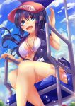  1girl baseball_cap black_hair blue_eyes hat highres jacket lifeguard lifeguard_chair long_hair name_tag open_mouth original sitting sky smile solo swimsuit swimsuit_under_clothes waruwarutsu whistle 