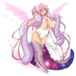  1girl blush bow breasts choker cleavage dress feather_boa feathered_wings gloves goddess_madoka hair_bow highres kaname_madoka large_breasts long_hair looking_at_viewer mahou_shoujo_madoka_magica oman_(evld) open_mouth pink_hair pink_legwear scarf skindentation smile solo space two_side_up white_dress white_gloves wings yellow_eyes 