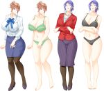  2girls blue_hair bra breasts brown_eyes brown_hair eroge formal game_cg glasses highres lingerie multiple_girls office_lady panties pantyhose ribbon shirt skirt skirt_suit skyhouse suit teacher underwear violet_eyes 