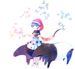  1girl baku_(creature) blue_eyes blue_hair butterfly doremy_sweet dress full_body hat nightcap nr_(cmnrr) short_hair short_sleeves socks touhou transparent_background 