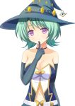  1girl bare_shoulders breasts character_request cleavage elbow_gloves finger_to_mouth gloves green_hair hat large_breasts merc_storia navel short_hair sizukage smile solo violet_eyes white_background witch_hat 