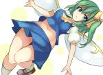  1girl :o ascot bangs blue_eyes blue_shirt blue_skirt brown_shoes daiyousei dutch_angle fairy fairy_wings green_hair hair_between_eyes janne_cherry kneehighs leg_up loafers looking_at_viewer midriff navel outstretched_arms parted_lips puffy_short_sleeves puffy_sleeves running shirt shoes short_sleeves side_ponytail simple_background skirt solo stomach touhou white_background white_legwear wings 