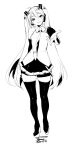  1girl bare_shoulders breasts detached_sleeves ejami greyscale hair_ornament hatsune_miku highres long_hair looking_at_viewer monochrome necktie simple_background skirt smile solo thigh-highs twintails very_long_hair vocaloid white_background 