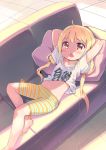  1girl arms_behind_head arms_up barefoot bike_shorts blonde_hair brown_eyes couch feet futaba_anzu garun_wattanawessako idolmaster idolmaster_cinderella_girls long_hair looking_at_viewer lying navel on_back open_mouth pillow shirt shirt_lift shorts solo striped_shorts t-shirt toes twintails very_long_hair 