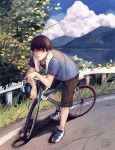  1boy arakita_yasutomo artist_name bent_over bicycle black_hair blue_sky clouds full_body grass lake male_focus mountain pepsi sangcoon shadow shorts sky soda_bottle solo sweat towel tree yowamushi_pedal 