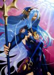  1girl aqua_(fire_emblem_if) blue_hair dress elbow_gloves fingerless_gloves fire_emblem fire_emblem_if gloves hair_between_eyes hairband highres holding_weapon jewelry long_hair necklace polearm see-through solo veil very_long_hair weapon yellow_eyes 
