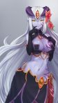  1girl alisfieze_fateburn_xv black_gloves breasts cleavage elbow_gloves flower gloves hair_flower hair_ornament highres horns jiffic lamia large_breasts lips long_hair looking_at_viewer mon-musu_quest! monster_girl navel pointy_ears purple_skin silver_hair simple_background smile solo tattoo very_long_hair 