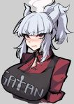  absurdres apron bangs black_apron blush breasts closed_mouth collared_shirt demon_girl demon_horns frown funaya_(a2brasd) grey_background helltaker highres horns huge_breasts lucifer_(helltaker) ponytail red_eyes red_shirt shirt simple_background white_background white_hair 