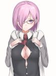  1girl artist_request blush breasts cleavage cleavage_cutout covered_nipples fate/grand_order fate_(series) glasses hair_over_one_eye highres necktie purple_hair shielder_(fate/grand_order) solo violet_eyes 