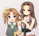  bird brown_eyes brown_hair hair_brushing jintsuu_(kantai_collection) kagerou_(kantai_collection) kantai_collection long_hair open_mouth plum_(arch) remodel_(kantai_collection) school_uniform serafuku smile twintails violet_eyes 