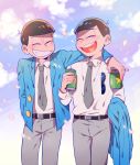  2boys absurdres arm_around_shoulder beer_can blue_sky brothers brown_hair cherry_blossoms closed_eyes clouds grey_necktie heart heart_in_mouth highres jacket jacket_removed looking_at_another male_focus matsuno_karamatsu matsuno_osomatsu multiple_boys necktie o2_(o2mm) osomatsu-kun osomatsu-san siblings sky smile sunglasses walking 