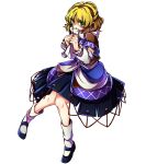  1girl arm_warmers baba_(baba_seimaijo) blonde_hair clenched_teeth full_body green_eyes highres looking_at_viewer mary_janes mizuhashi_parsee pointy_ears scarf shaded_face shirt shoes short_hair short_sleeves skirt socks solo teeth touhou transparent_background white_legwear 