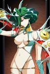  1girl breasts brown_background cowboy_shot ferakia_(langrisser) green_hair hikaru_(mikan0407) langrisser looking_away monster_girl navel revealing_clothes short_hair smile solo 