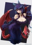  1girl :d animal_ears black_hair blush breasts claws cleavage demon_wings fang hair_over_one_eye heart long_hair monster_girl monster_girl_encyclopedia open_mouth red_eyes rocknroll smile tail wings 