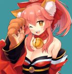  1girl animal_ears bare_shoulders bell bell_collar blush_stickers breasts caster_(fate/extra) cleavage collar collarbone fate/grand_order fate_(series) fox_ears green_background hair_ribbon japanese_clothes large_breasts long_hair looking_at_viewer one_eye_closed open_mouth pink_hair ribbon simple_background solo syunga tamamo_cat_(fate/grand_order) yellow_eyes 