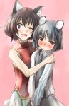  2girls animal_ears bare_shoulders blush brown_eyes brown_hair cat_ears chen fangs flat_chest grey_hair looking_at_viewer mouse_ears multiple_girls nazrin no_hat one_eye_closed open_mouth red_eyes short_hair skirt smile touhou yohane yuri 