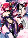  2girls ass black_hair bodysuit breasts cleavage fishnets highres horns huge_breasts ishida_akira large_breasts long_hair maid-chou_(maoyuu) maou_(maoyuu) maoyuu_maou_yuusha multiple_girls navel navel_cutout ninja petals pink_eyes promotional_art redhead revealing_clothes sideboob sunglasses 